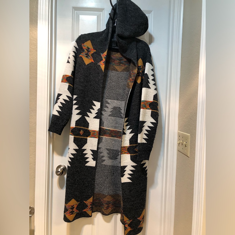 Blue B Collection Aztec Print Long Cardigan w/ Hood